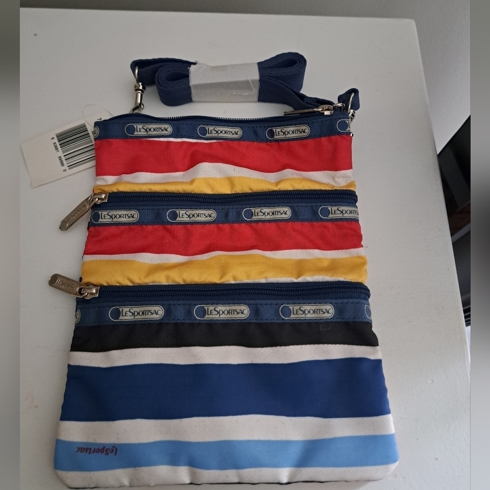 LE SPORTSAC KASEY CABANA STRIPE 3 zip coastal crossbody purse bag colorful